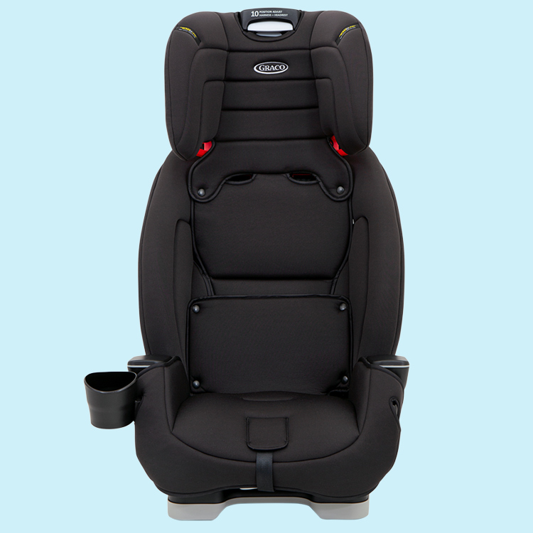 Graco Avolve front angle view of its integrated harness storage
