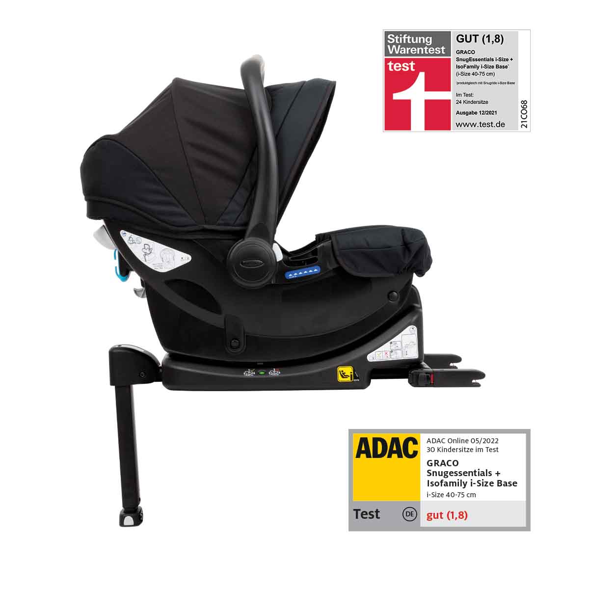 Babyschale SnugEssentials i-Size von Graco und ISOFIX-Basis IsoFamily Base mit Note 1,8 von ADAC & Stiftung Warentest.