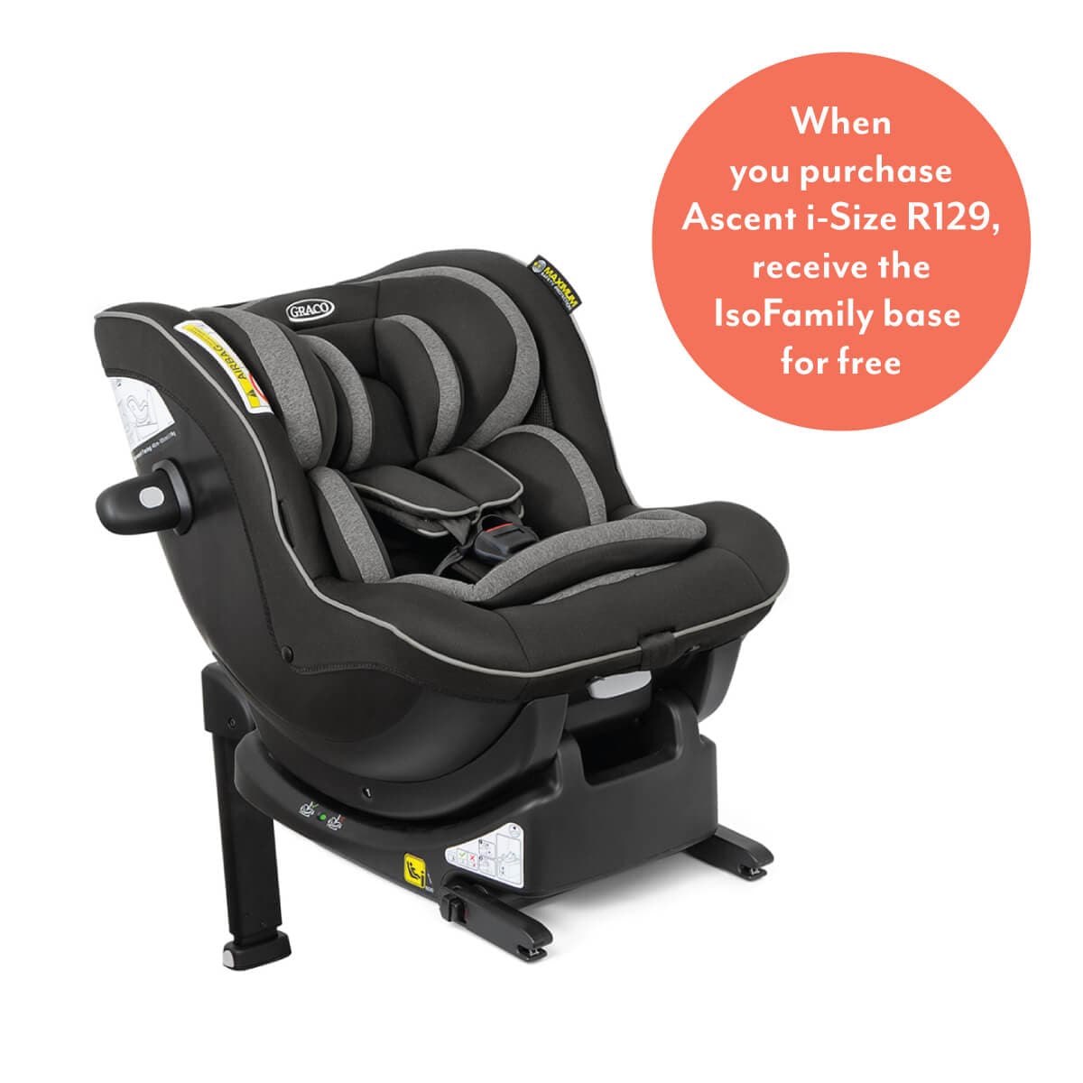 Three quarter view of Graco Ascent car seat with IsoFamily i-Size ISOFIX base
