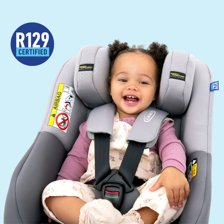 Graco Extend LX R129 car seat front angle with R129 certified logo