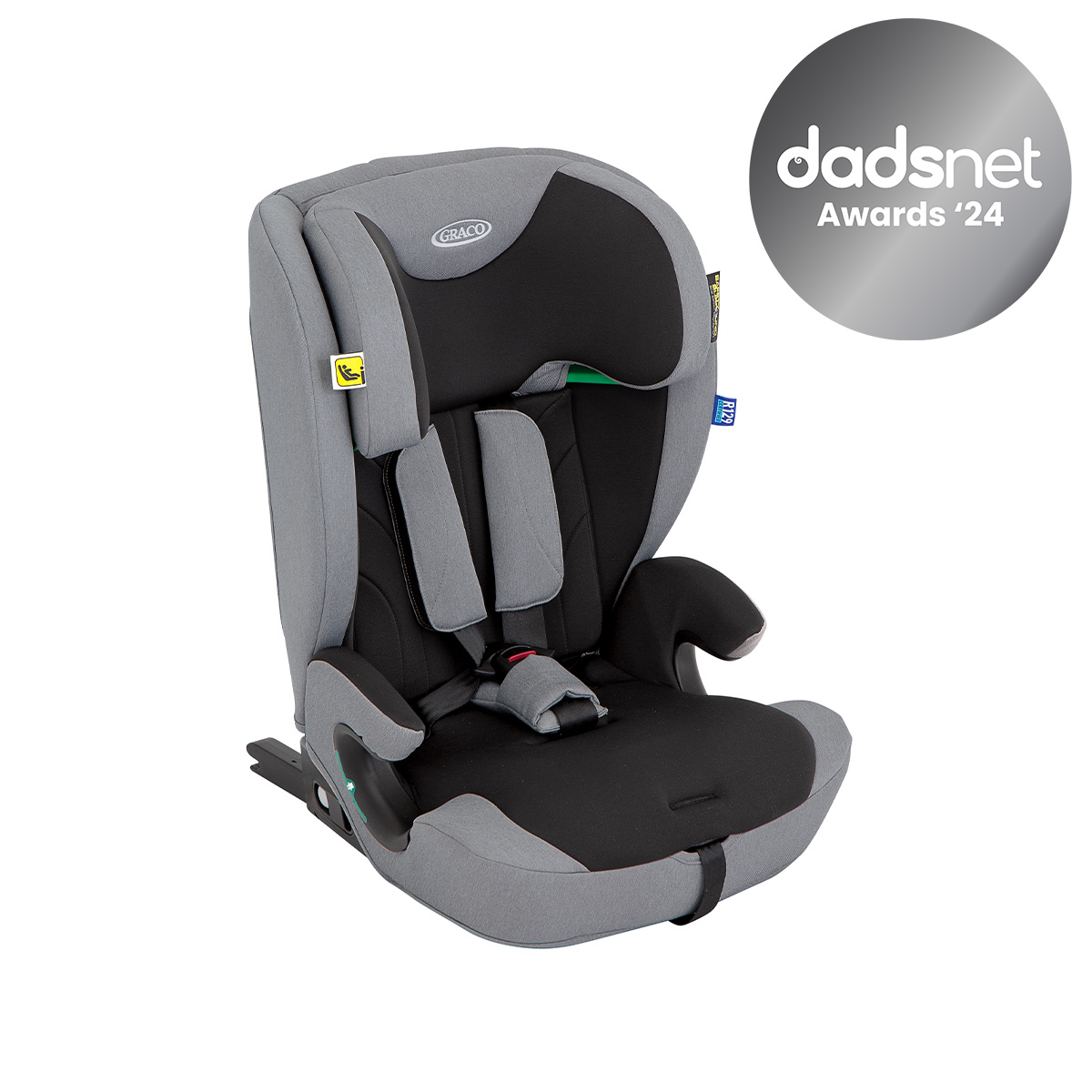 Graco Energi™ i-Size R129 2-in-1 harness booster car seat with ISOFIX and top tether in harness booster mode three quarter angle.
