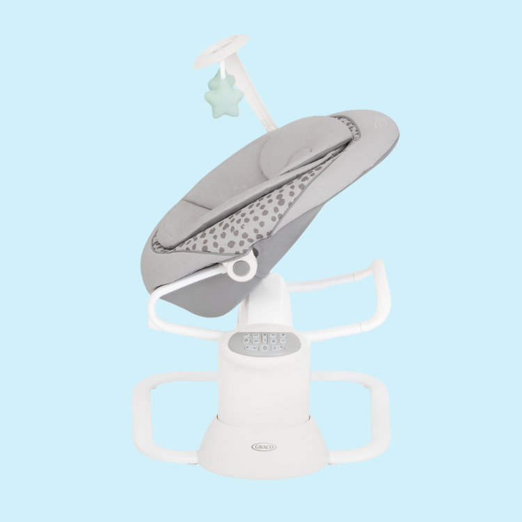 Graco Daisi soother profile angle of multi-directional seat on light blue background.