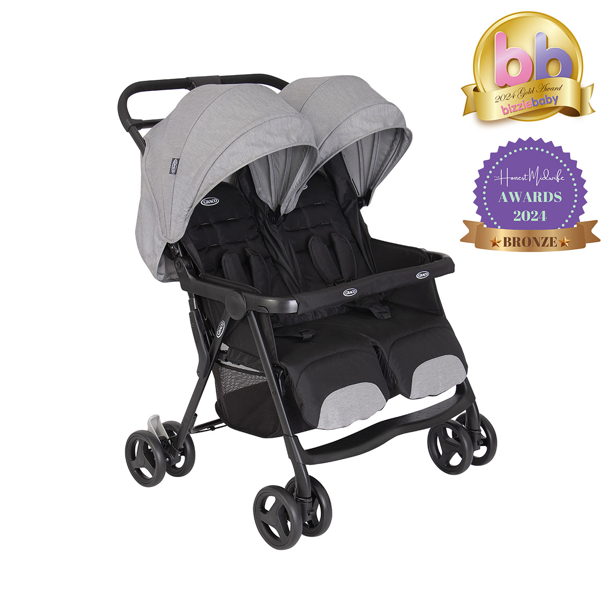 Graco DuoRider double stroller three quarter angle on white background.