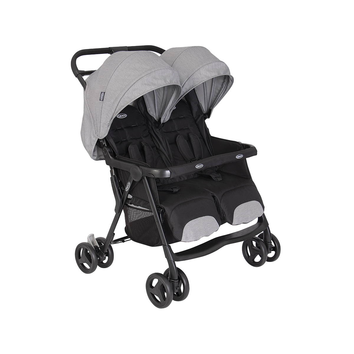 Poussette double Graco DuoRider vue en angle de trois quarts sur fond blanc.