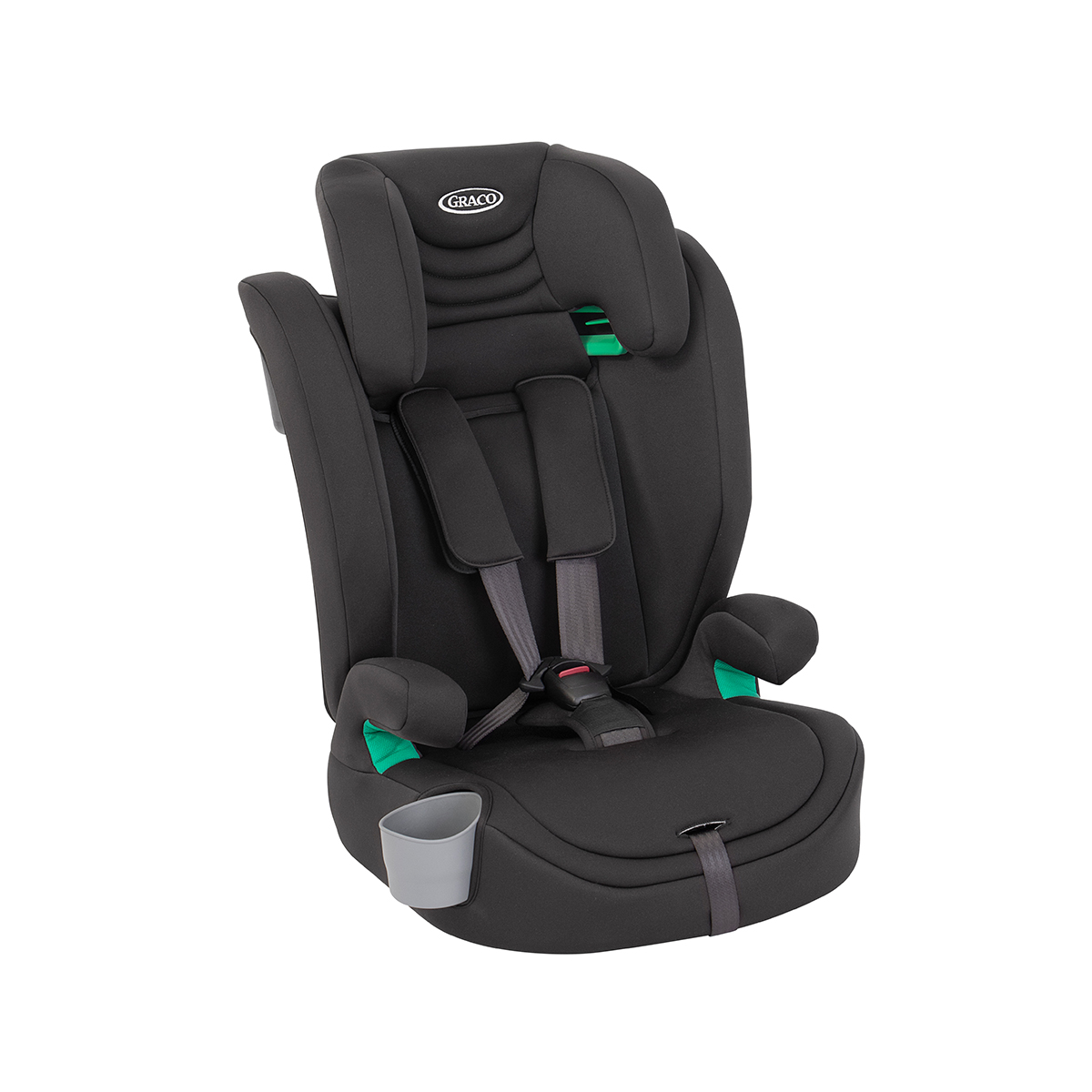 Dreiviertelwinkel des mitwachsenden 2-in-1 Kindersitzes Graco® Eldura™ R129 mit integriertem 5-Punkt-Gurtsystem.

