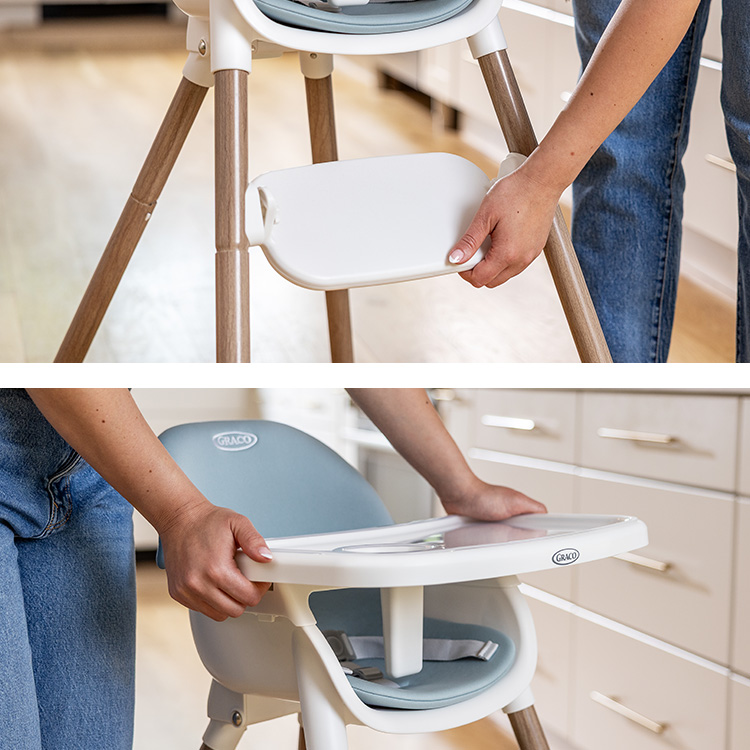 Split image of the 2-position adjustable tray and 2-position adjustable footrest on Graco Presti 3-in-1 highchair.
