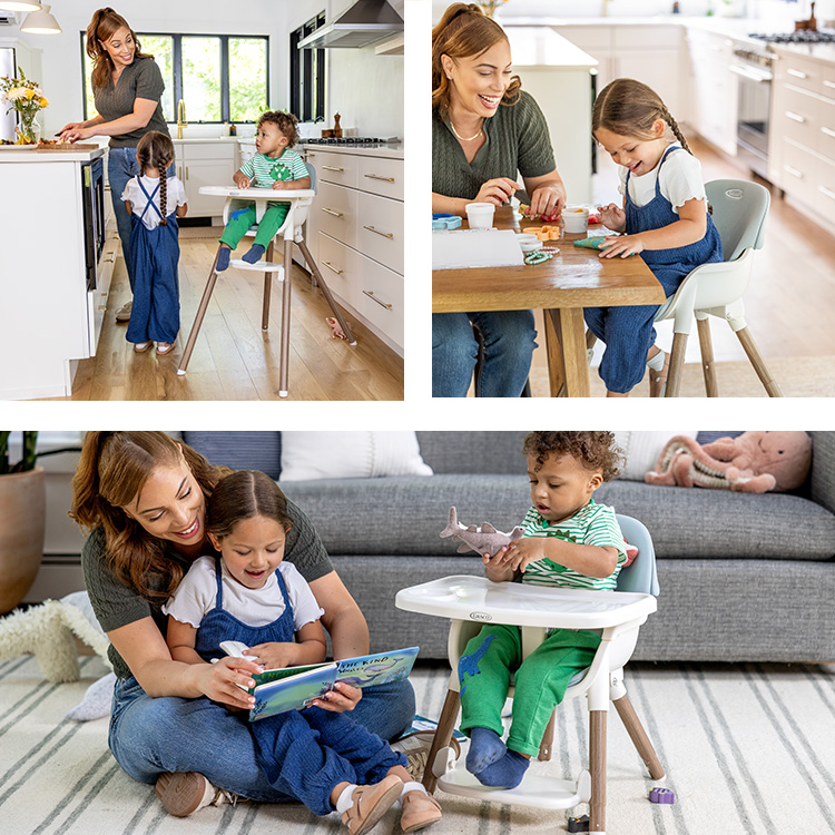 Collage of three images of kids in Graco Presti 3-in-1 highchair in each mode.
