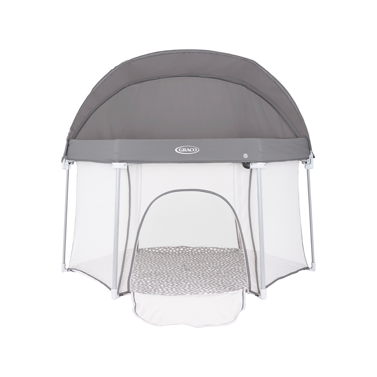 Parc pour bébé Graco EverGo avec auvent, porte zippée, angle avant ouvert sur fond blanc.