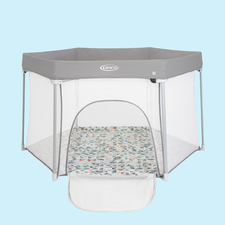 Graco EverGo Lite playpen with door open front angle on light blue background.