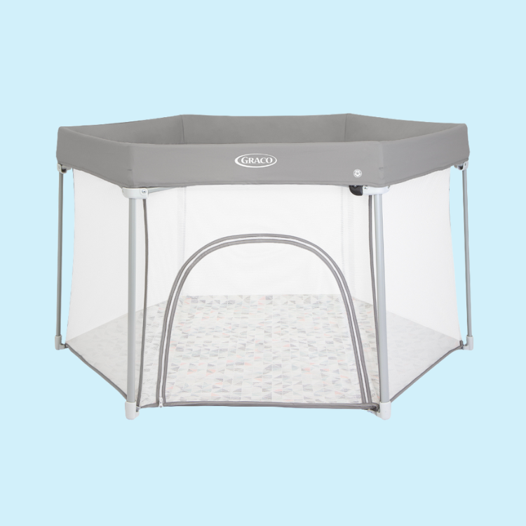 Graco EverGo Lite playpen front angle on light blue background.
