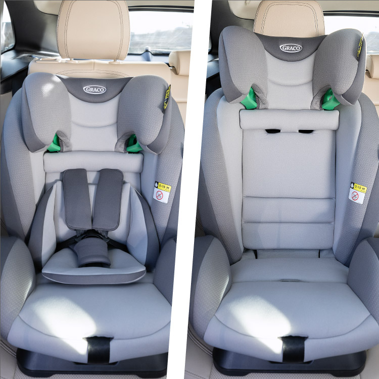 Geteiltes Bild,  das den Graco® FlexiGrow™ R129 2-in1 Kindersitz in der Nutzung mit dem integrierten 5-Punkt-Gurtsystem und dem Fahrzeuggurt zeigt.
