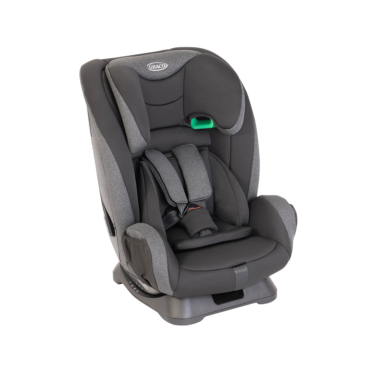 Dreiviertel-Winkel des mitwachsenden 2-in-1 Kindersitzes Graco® FlexiGrow™ R129 mit integriertem 5-Punkt-Gurtsystem.
