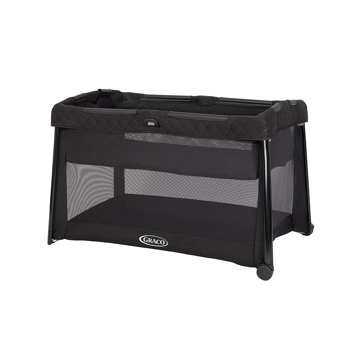Black Graco FoldLite LX Lightweight Travel Cot three quarter angle on white background