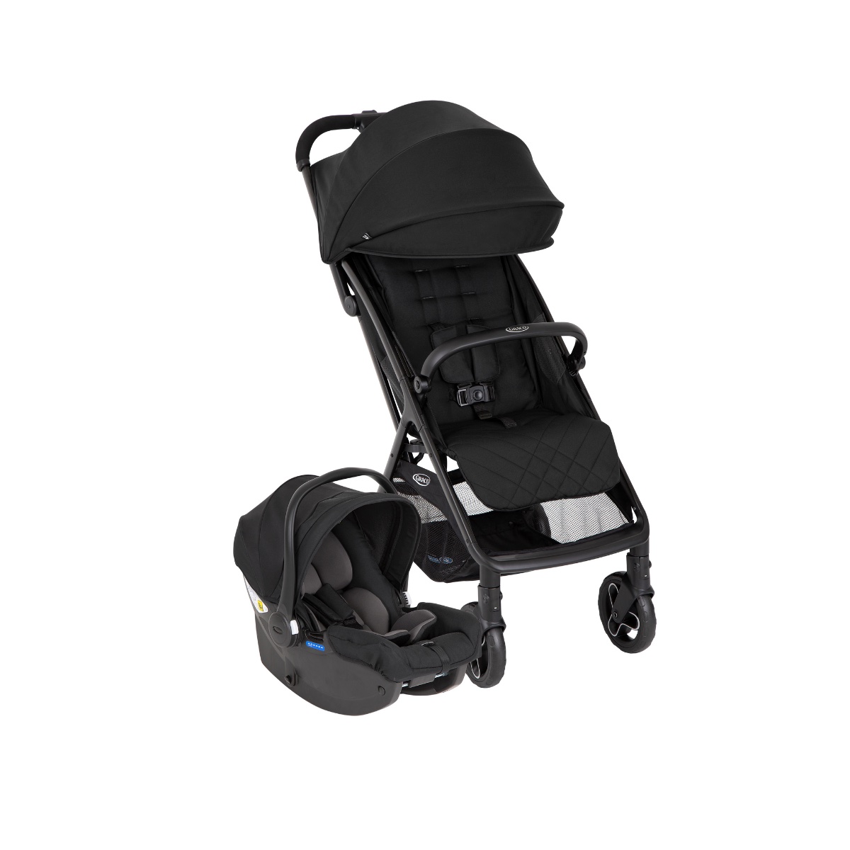 Système de voyage Graco Myavo vu de trois quarts sur fond blanc.
