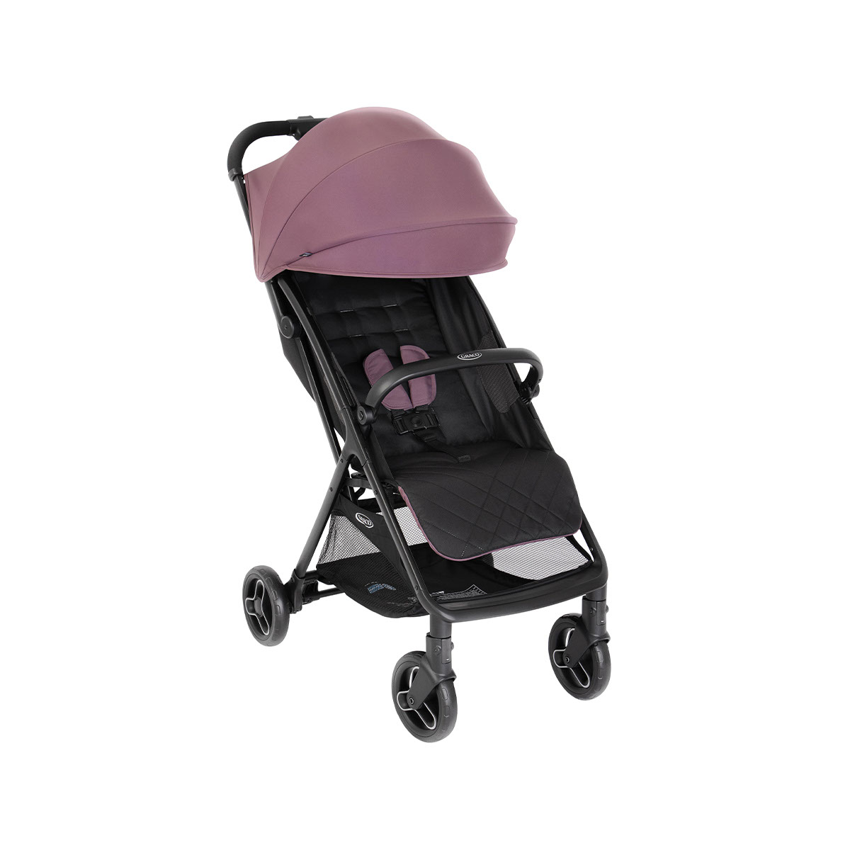 Poussette de voyage Myavo Graco, image de premier plan avec vue trois quarts sur fond blanc.