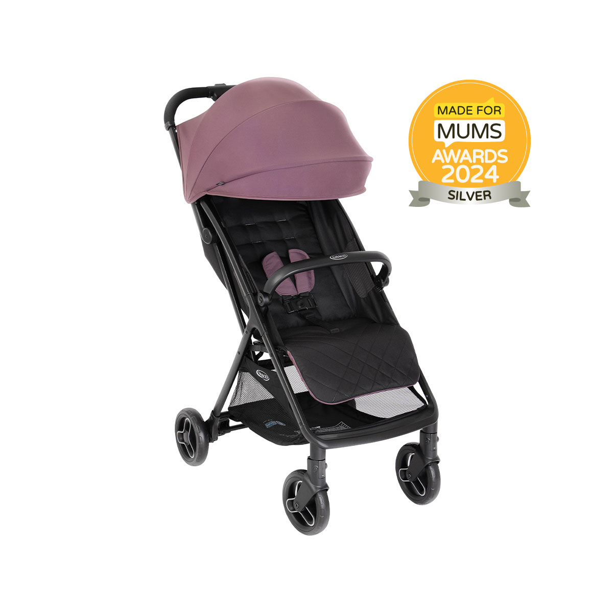 Graco Myavo travel stroller three quarter hero angle on white background with Made For Mums Bronze 2024 Award.