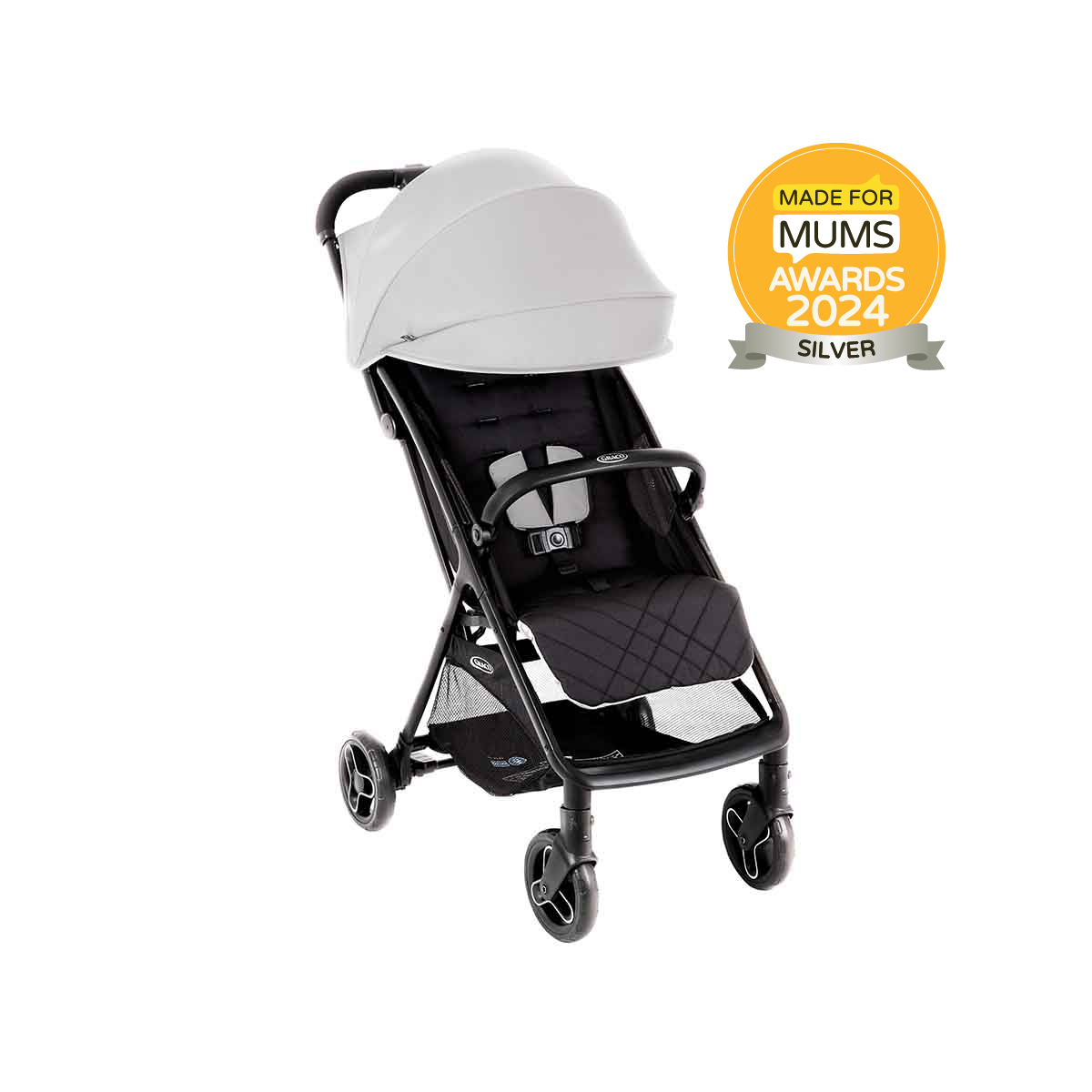 Graco Myavo travel stroller three quarter hero angle on white background with Made For Mums Bronze 2024 Award.