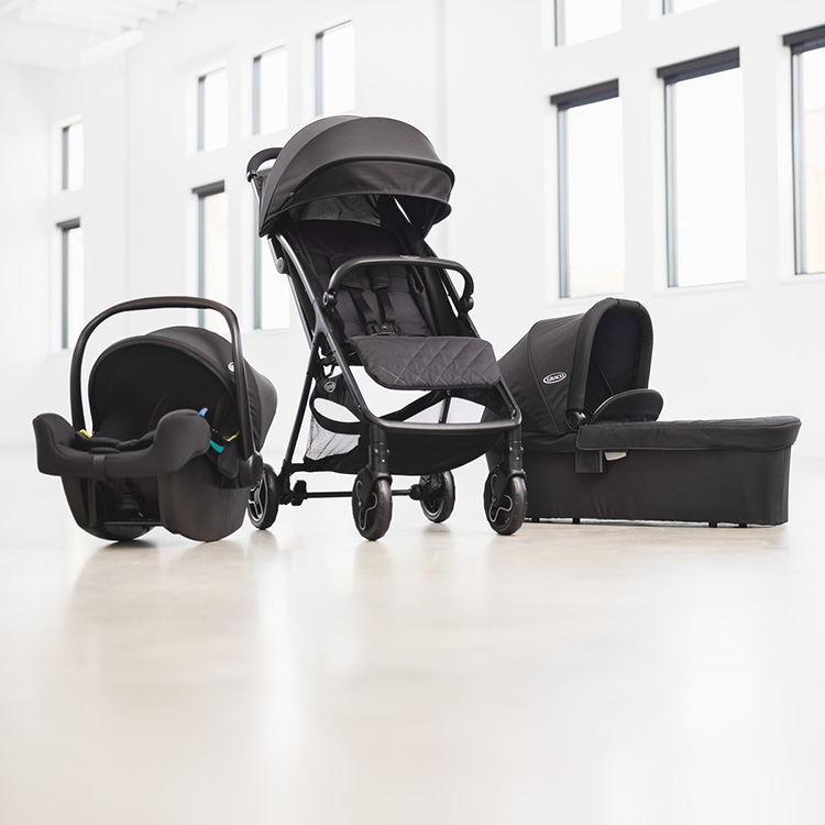 Myavo travel stroller, Myavo carrycot and SnugLite i-Size R129 infant car seat lined up on studio floor
