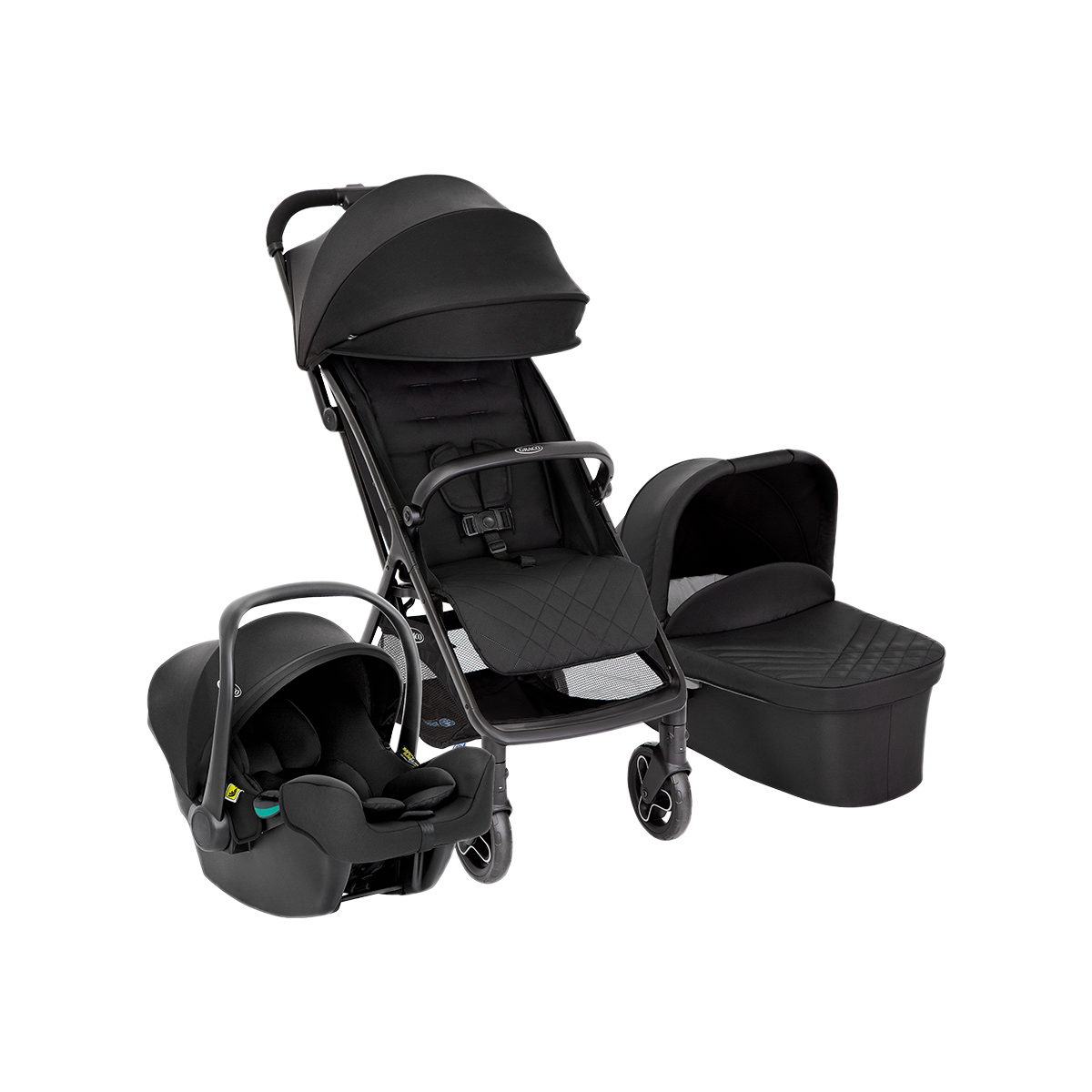 Dreiviertelwinkel des Graco® Myavo™ Trios auf weißem Hintergrund.
