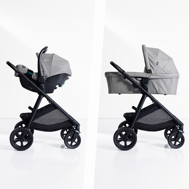 Profile angles of the SnugLite i-Size R129 and carrycot connected to the Near2Me DLX pushchair.
