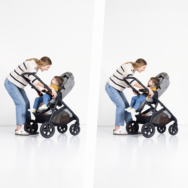 Side by side images of mum adjusting the height on the Near2Me DLX pushchair while smiling at baby.

