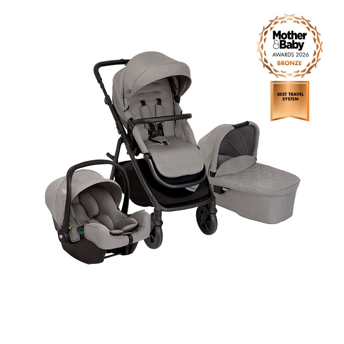 Graco Near2Me DLX Trio travel system three quarter angle on white background.