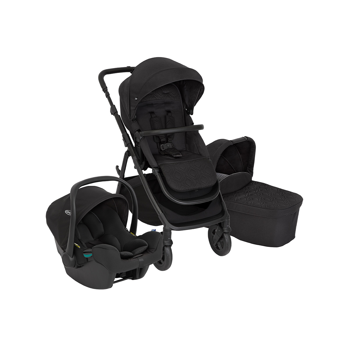 Dreiviertelwinkel des Graco Near2Me™ DLX 3in1 auf weißen Hintergrund
