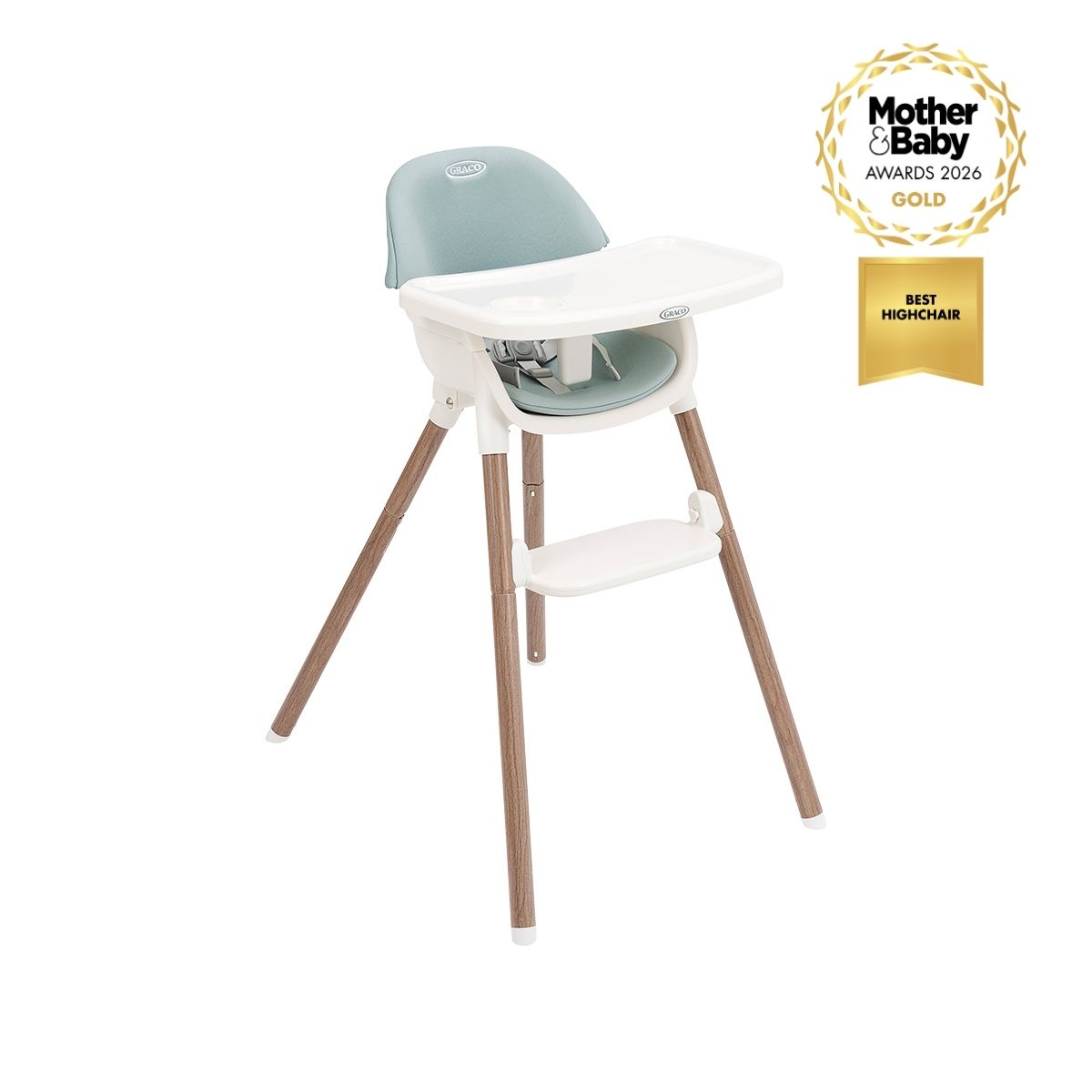 Graco Presti 3-in-1 highchair three quarter angle on white background.
