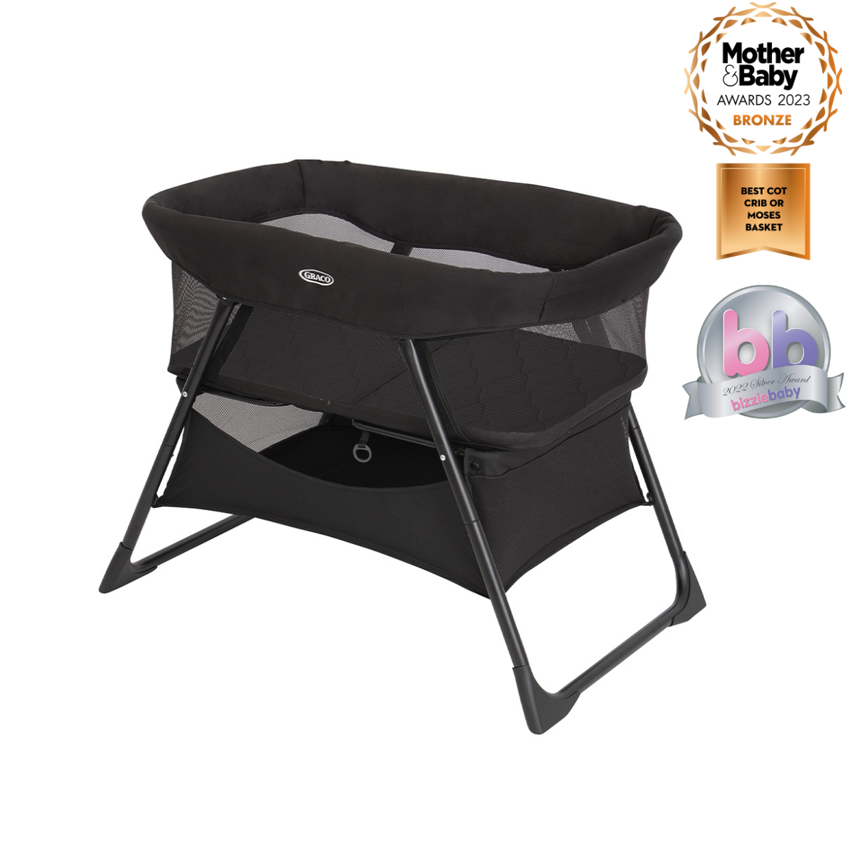 Graco Side-By-Side Bedside Bassinet three-quarter angle on white background with Mother & Baby Bronze Award and bizziebaby Silver Award