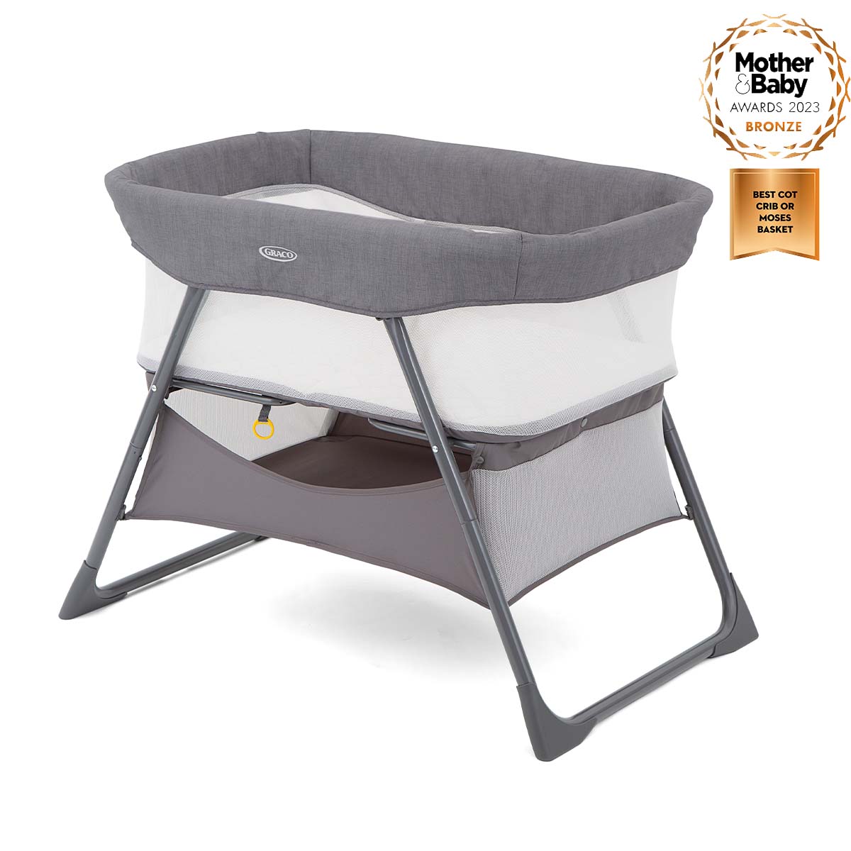 Gray Graco Side-By-Side bedside crib three quarter angle on white background with 2023 Mother & Baby bronze award