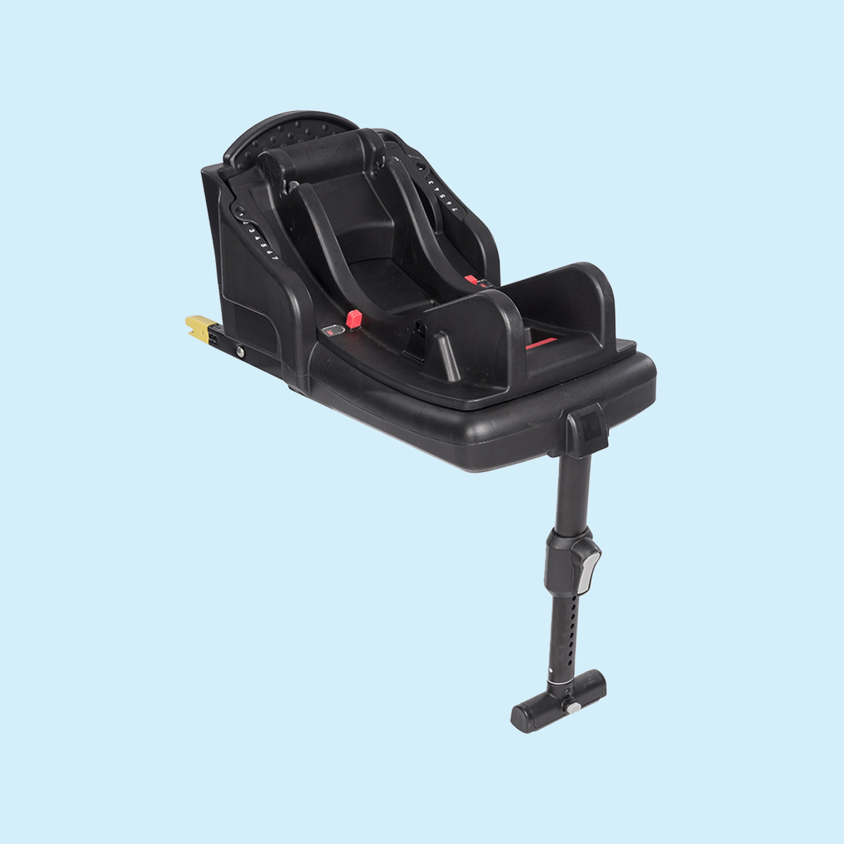 Three quarter view of Graco®  SnugRide® i-Size R129 Car Seat Base multi-position load leg and 7-position recline on blue background
