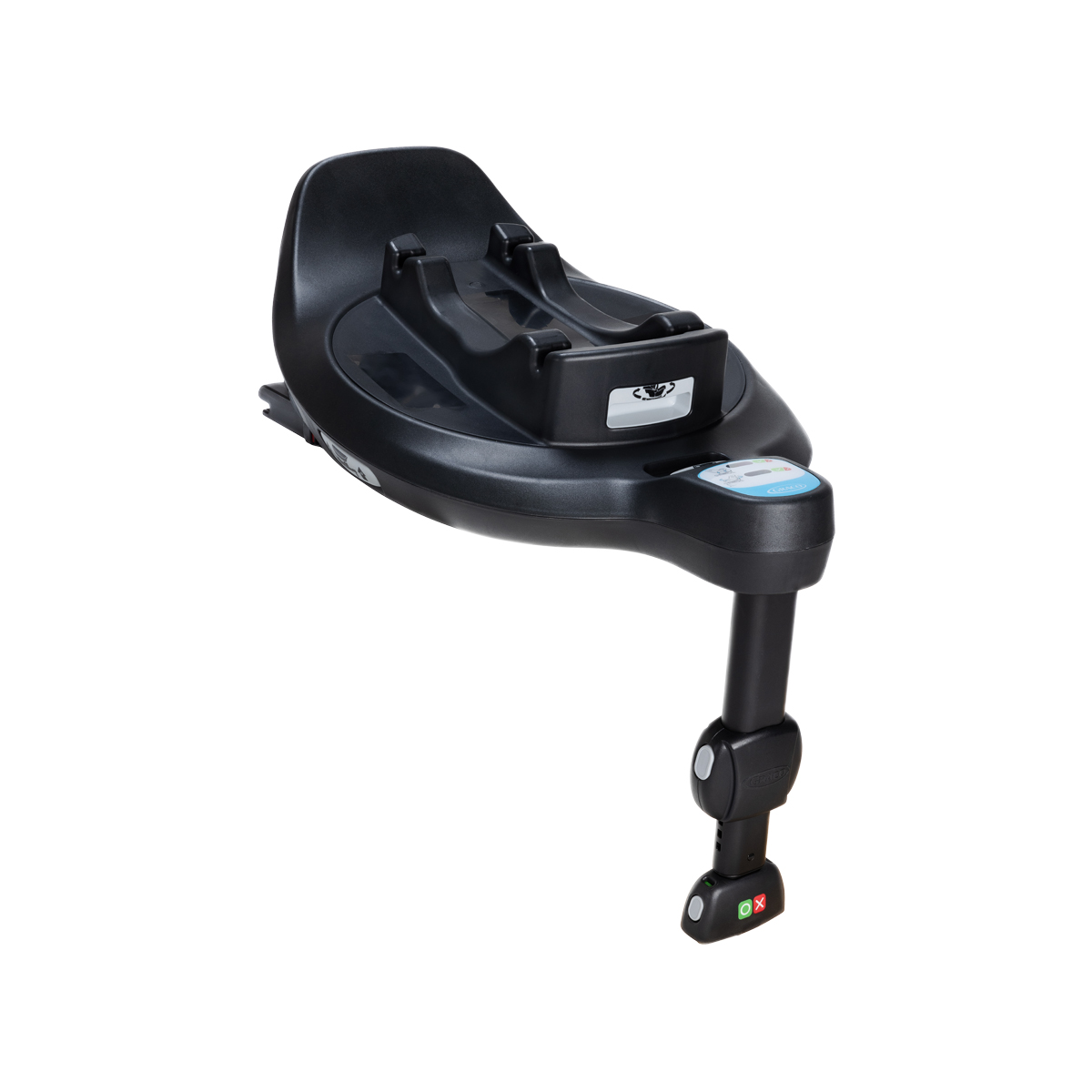 Ángulo de tres cuartos de la base giratoria con ISOFIX Graco SnugTurn i-Size R129 girada sobre fondo blanco.
