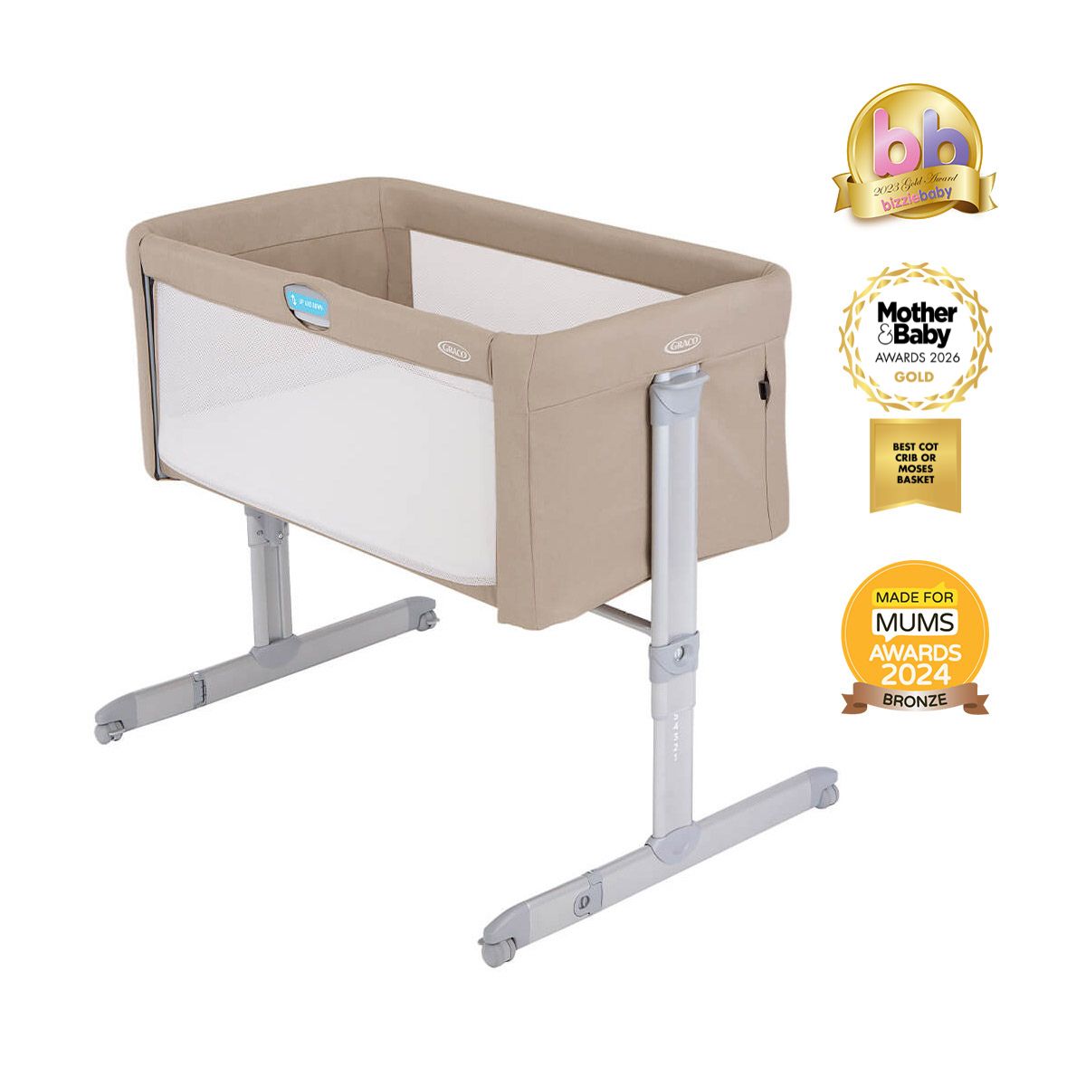 Graco Sweet2Sleep bedside crib, left angle on white background with bizziebaby, Mother & Baby and Made For Mums awards.