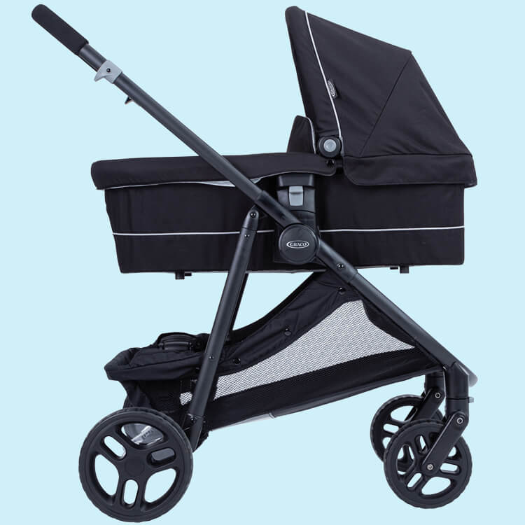 Graco Time2Grow carrycot attached to Time2Grow pushchair frame