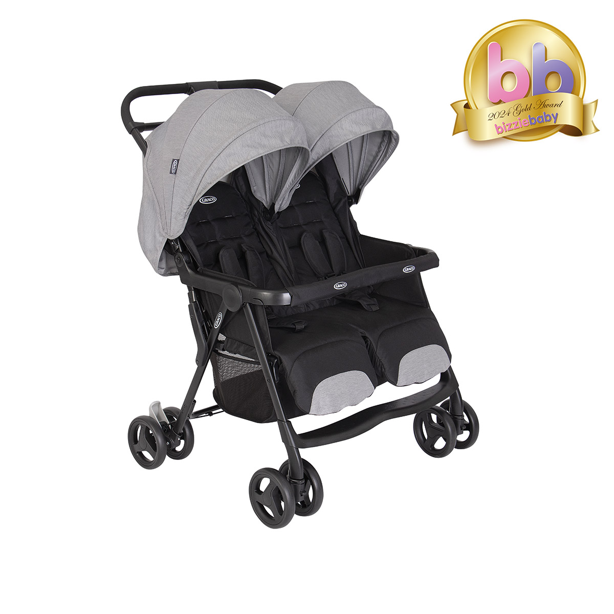 Graco DuoRider double stroller three quarter angle on white background.
