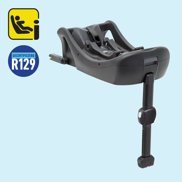 At ipsa animi.Driekwart hoek van de SnugLite i-Size R129 ISOIX base voor autostoeltjes met i-Size en R129-logo's op blauwe achtergrond