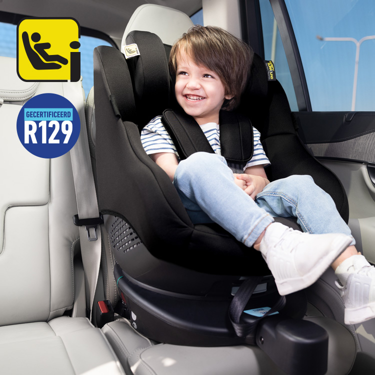 Graco Turn2Me i-Size R129 met i-Size logo op blauwe achtergrond.