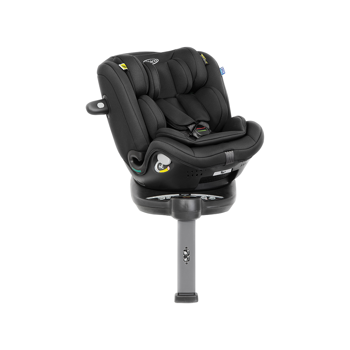 Frontansicht des Graco Turn2Me™ Grow i-Size R129, der im Dreiviertelwinkel nach rechts gedreht ist.