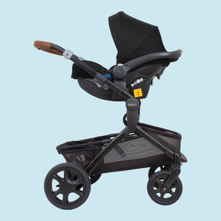 Siège auto bébé Graco SnugRide i-Size, noir minuit, avec cadre Near2Me Elite avec un fond bleu