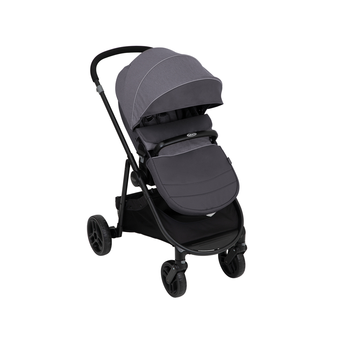 Graco Transform™ in pushchair mode with apron three quarter angle