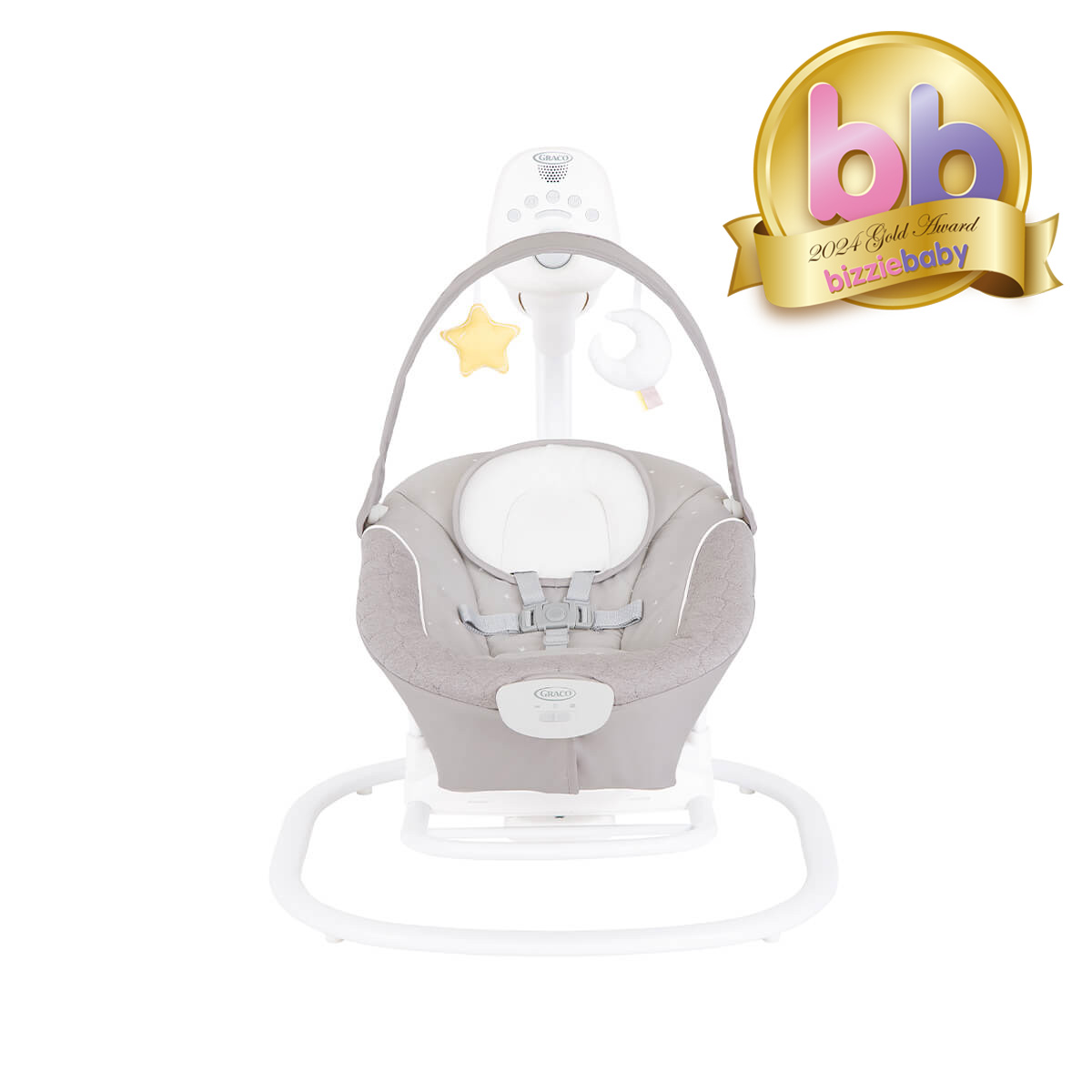 Graco SoftSway silent 2-in-1 smart swing, front angle on white background with Bizzie Baby Gold award.