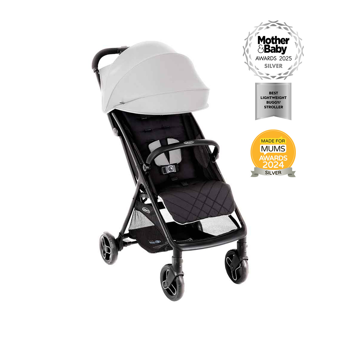 Graco Myavo travel stroller three quarter hero angle on white background with Made For Mums Silver 2024 Award and Mother & Baby Silver 2025 Award.
