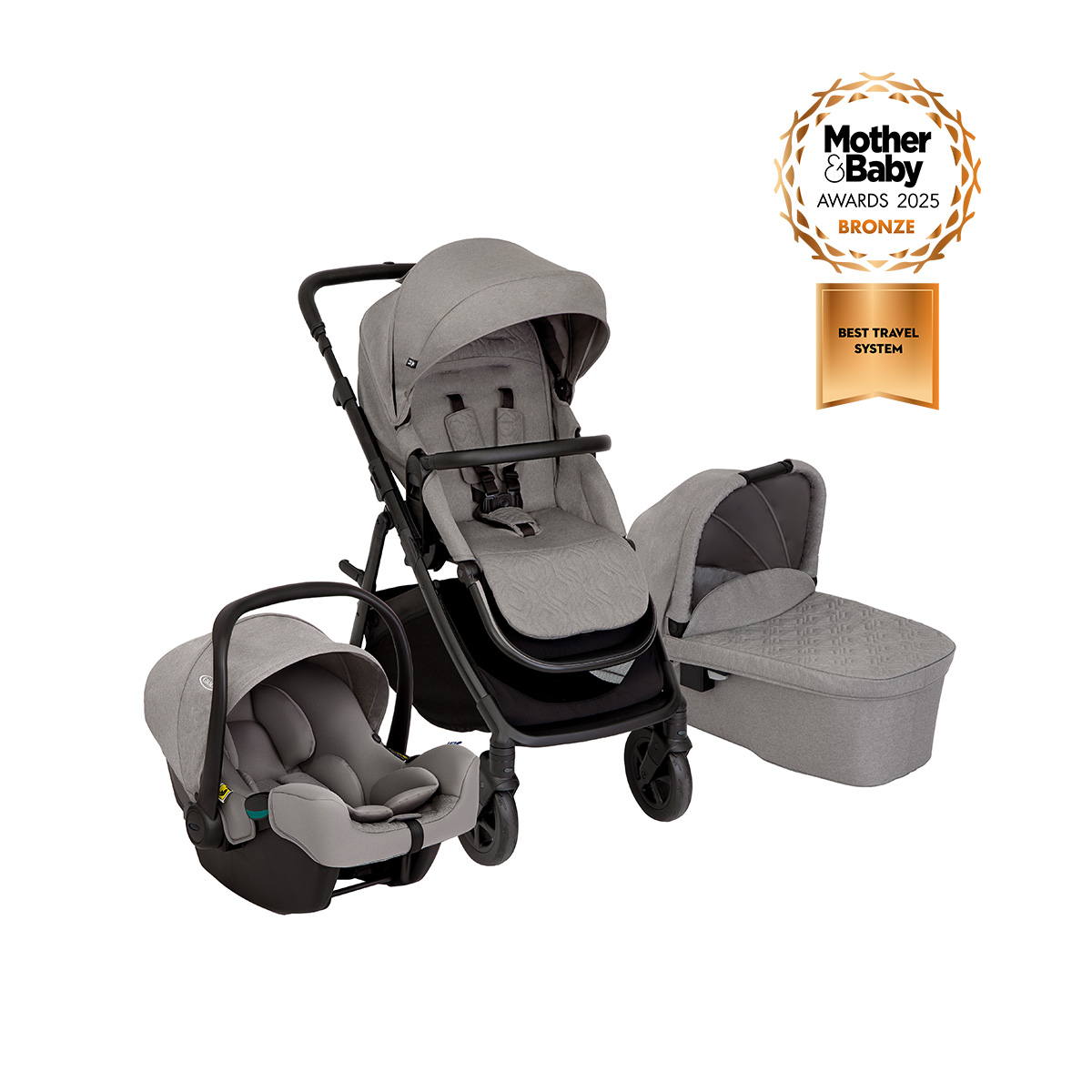 Graco Near2Me DLX Trio travel system three quarter angle on white background.