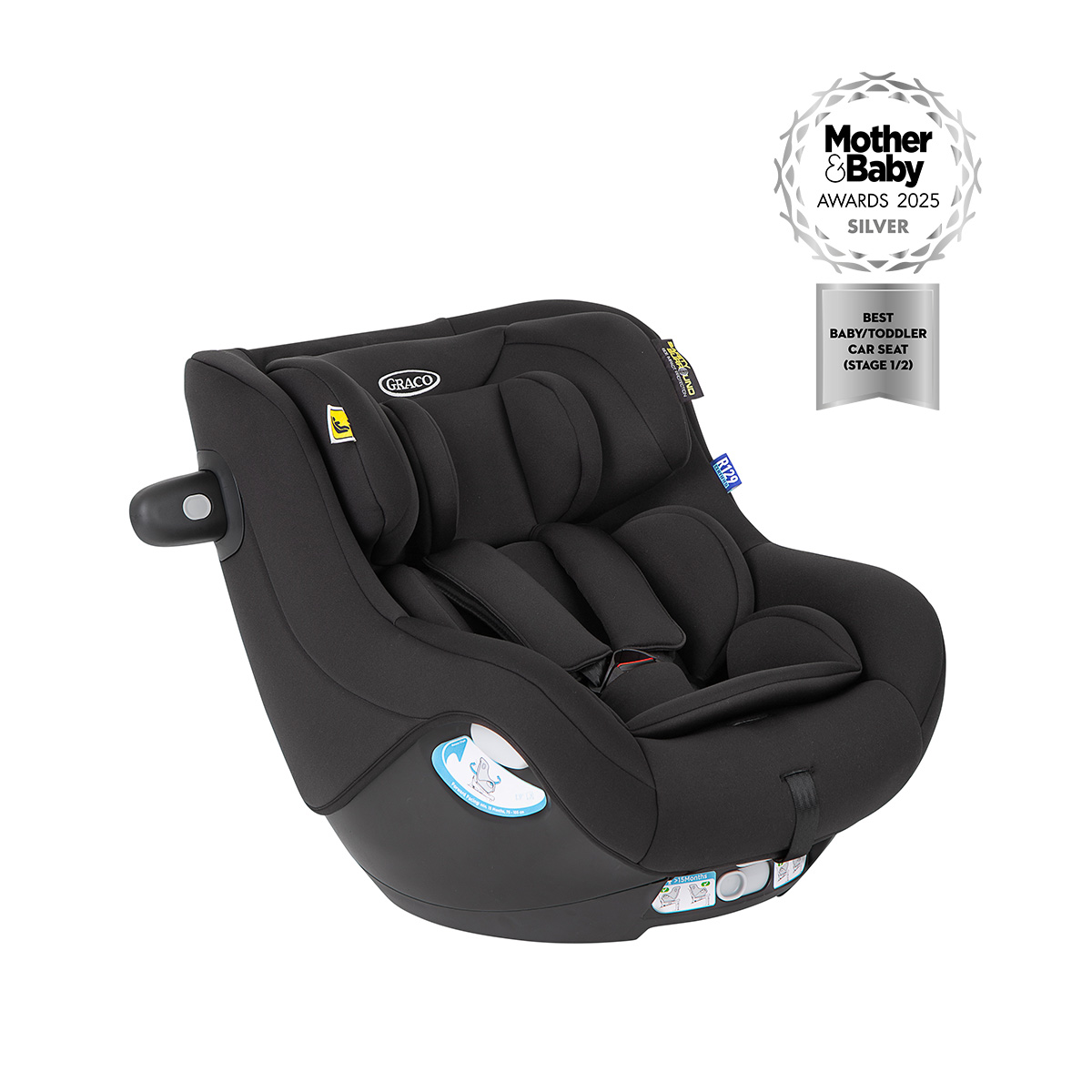 Graco SnugGo i-Size R129 turned at a three quarter angle on white background.