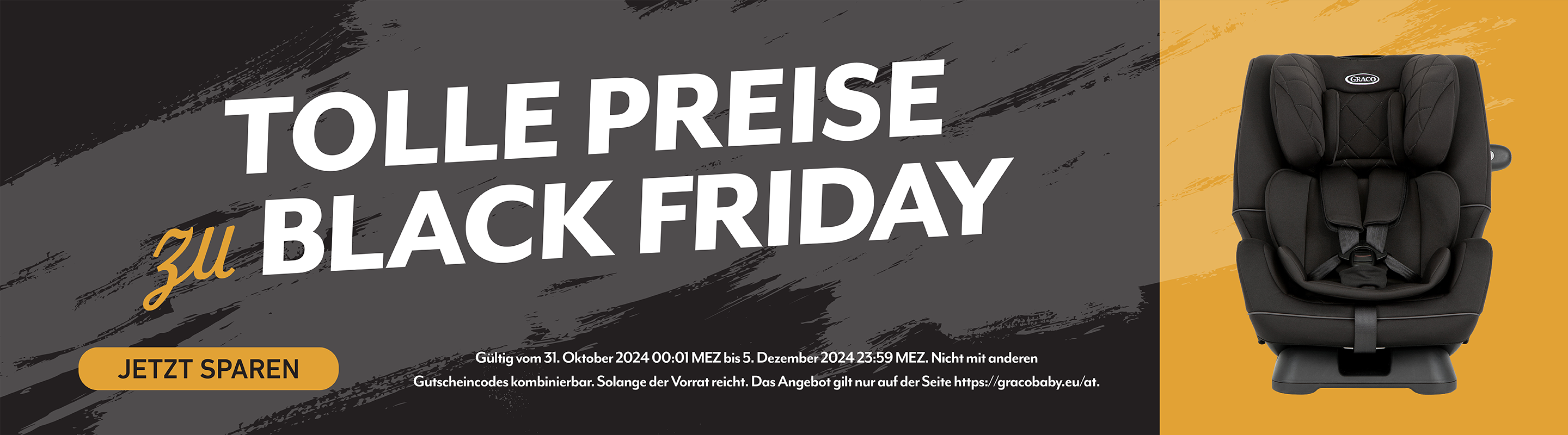 Schwarzes Banner mit weißem Text mit der Aufschrift „TOLLE PREISE zu BLACK FRIDAY“ und einem Bild von Gracos SlimFit R129 auf orangefarbenem Hintergrund.