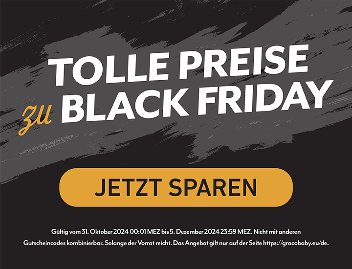 Schwarzes Banner mit weißem Text mit der Aufschrift „TOLLE PREISE zu BLACK FRIDAY“ und einem Bild von Gracos SlimFit R129 auf orangefarbenem Hintergrund.