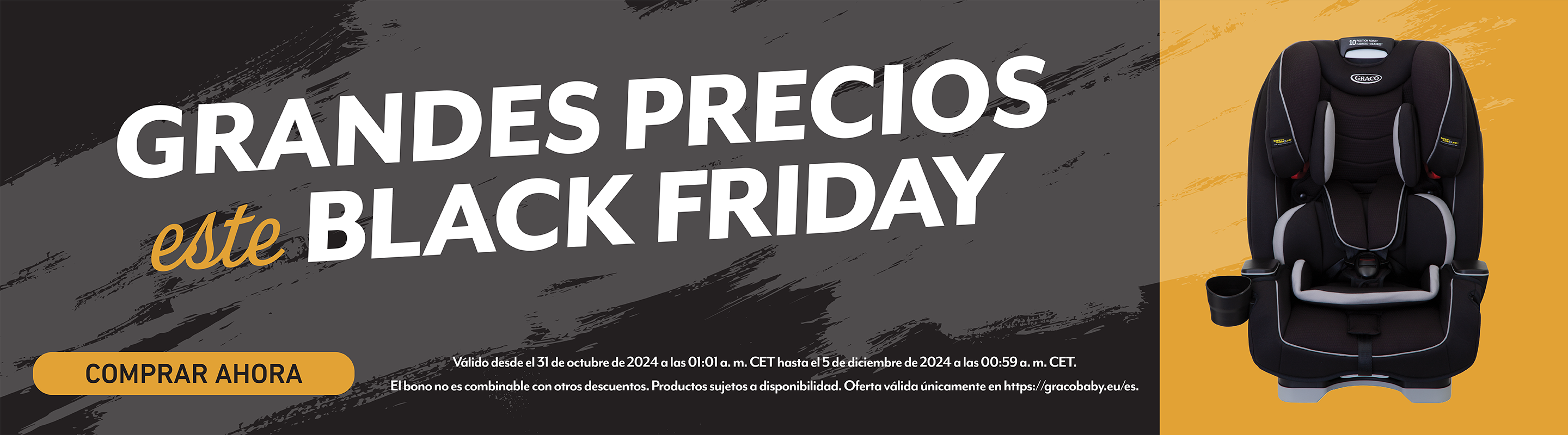 Pancarta negra con texto blanco que dice "GRANDES PRECIOS este BLACK FRIDAY" y una imagen del SlimFit R129 de Graco sobre un fondo naranja.