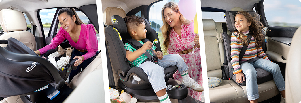 Young girl laughing while buckled into Energi i-Size R129  2-in-1 harness booster car seat.