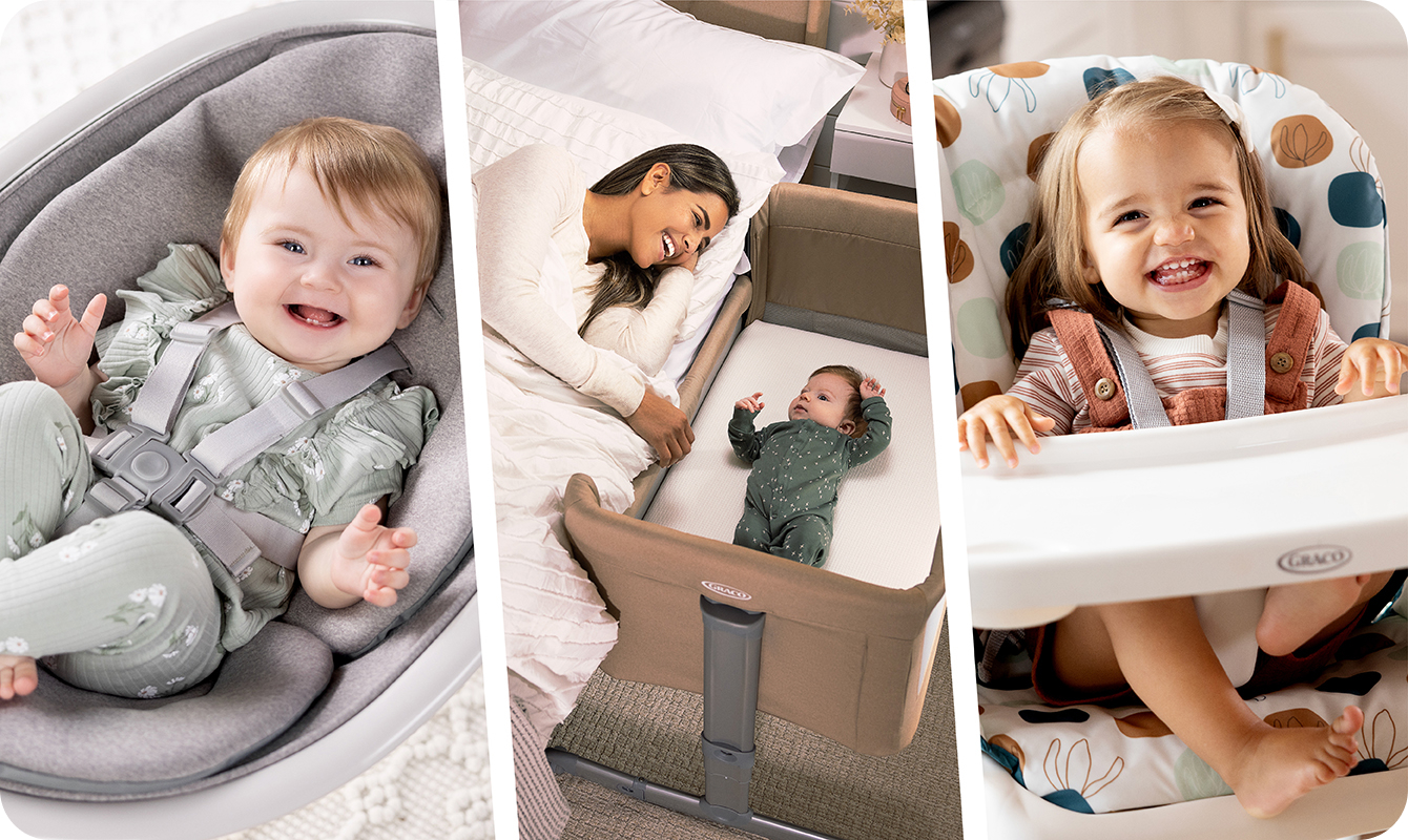 Little girl smiling while buckled into SnackEase quick-folding highchair.