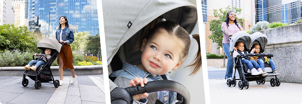 Mum and dad smiling and walking while pushing toddler in Myavo quick-folding lightweight travel stroller.